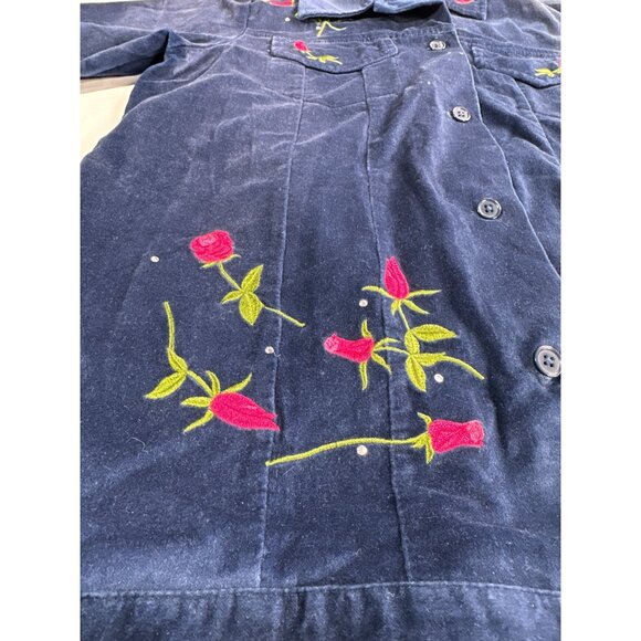 Vintage Quacker Factory Womens S Blue Velvet Jacket Rose Embroidered Sparkle QVC - Picture 2 of 11